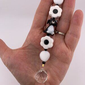 Dog & Flowers Black & White Crystal Prism Glass Beads Car Charm Suncatcher CC131